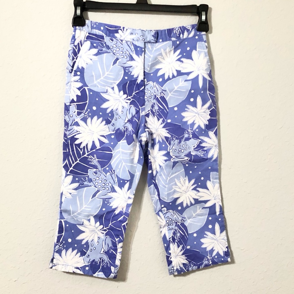 Lilly Pulitzer vintage pants blue frog floral print kids crop pants 2000's Sz 6X